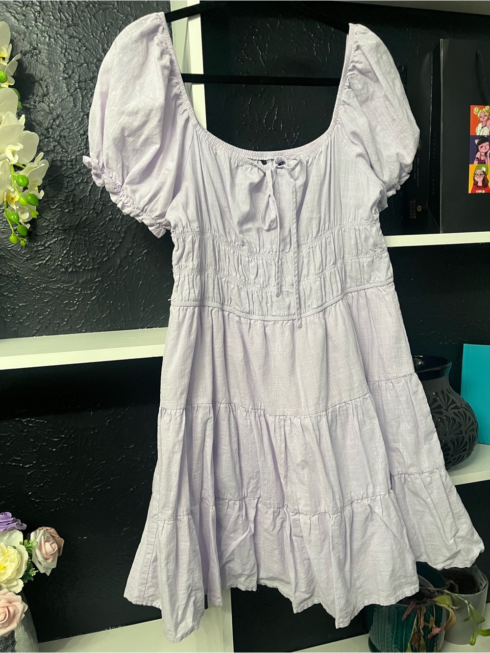 Lilac Puff Sleeve Tiered Mini Dress